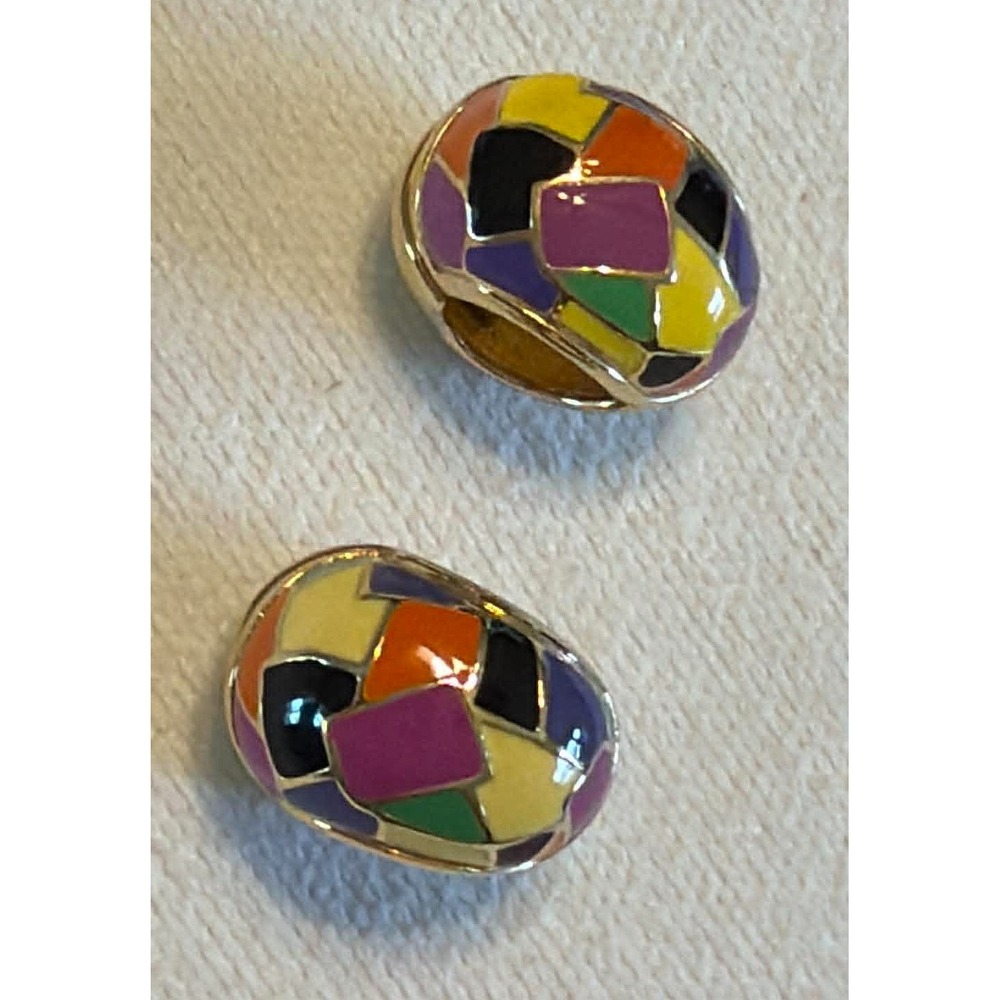 Erwin Pearl Vintage 80s Mosaic Enamel Huggie Hoop Earrings Gold Tone Multi Color - Picture 10 of 10